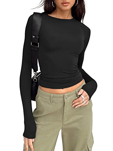 Trendy Queen Long Sleeve Shirts for Women Crop Tops Fall Fashion 2023 Outfits Basic Workout Sexy Sweaters Going Out Shirts Cute Slim Fit Y2K Clothing Winter Clothes Black