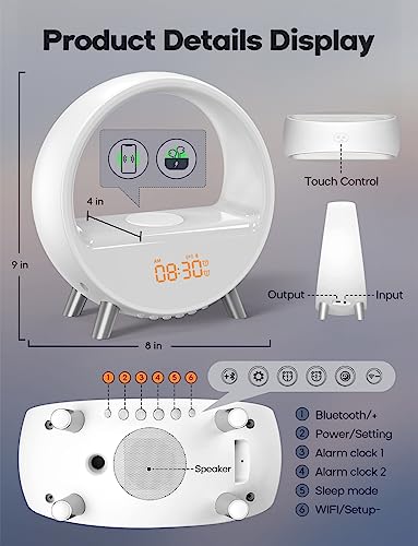 Dekala Arches Gradual Sunrise Alarm Clock with Wireless Charging Bluetooth Speaker White Noise Soothing Sound Machine Night Light for Adult Teens Touch/Button Control【Special for No WiFi No App】