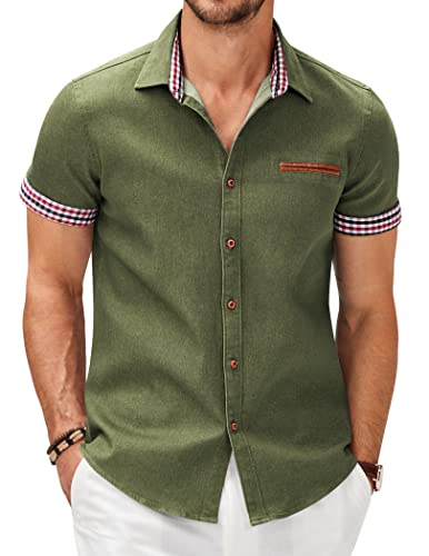 COOFANDY Mens Short Sleeve Denim Work Shirt Casual Fashion Dress Shirts, Army Green, Medium