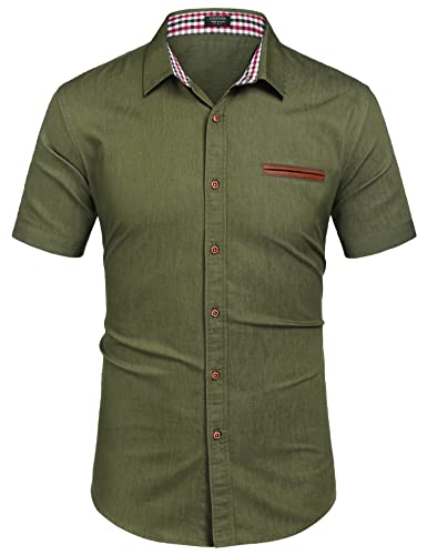 COOFANDY Mens Short Sleeve Denim Work Shirt Casual Fashion Dress Shirts, Army Green, Medium