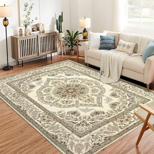 Washable Boho Floral Medallion Area Rug, 9x12 Non-Slip Soft Low-Pile Printed Carpet for Indoor Home Decor in Entryway, Bedroom, Living Room, Office, Kitchen, Yellow