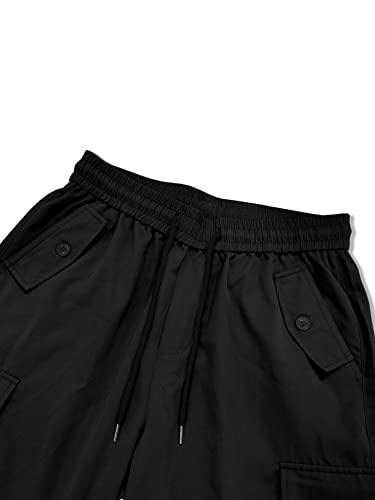 Verdusa Men's Pocket Side Drawstring Elastic Waist Loose Wide Leg Cargo Pants Black L
