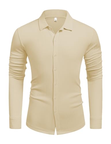 COOFANDY Men's Athletic Fit Dress Shirts for Men Ribbed Knit Fall Fashion Textured Button Up Shirts Slim Fit Wrinkle-Free Untucked Shirt Light Khaki Beige Large