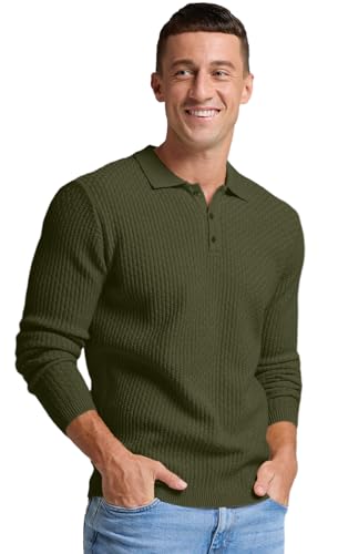 Sailwind Men's Knit Polo Sweater Long Sleeve Polo Shirts Lightweight Fashion Casual Pullover Sweater Army Green