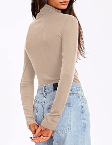 Trendy Queen Fall Fashion 2023 Womens Long Sleeve Outfits High Neck Mock Turtleneck Stretch Tight Lightweight Trendy Basic Layering Slim Fit Soft Thermal Underwear Shirts Beige