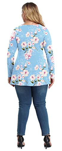 TIANZHU Plus Size Tops for Women Wrap V Neck Babydoll Shirt Long Sleeve Tunic Top Dressy Loose Blouse Fashion 2022 3X F Light Blue