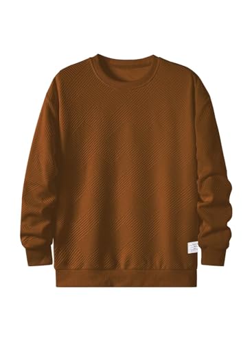 Dokotoo Men Men's Long Sleeve Sweatshirt Casual Crewneck Geometric Texture Soild Color Pullover Sweatshirts Dark Brown Large