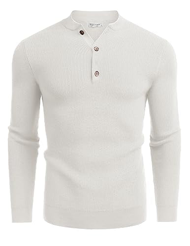 COOFANDY Men Quarter Button Dress Sweater Henley Fashion Knitted Pullover Sweater White