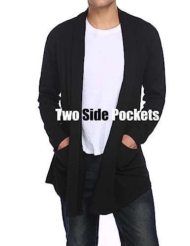 COOFANDY Mens Ruffle Shawl Collar Open Front Lightweight Long Length Drape Cape Overcoat Sweater with Pockets, Black, Medium