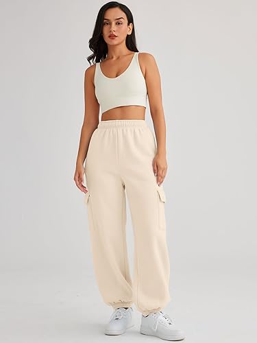 AUTOMET Womens Cargo Sweatpants Fleece High Waisted Joggers Pants Athletic Lounge Trousers with Pockets 2023 Apricot