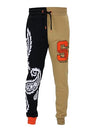 SCREENSHOT-P11356 Mens Streetwear Premium Classic Fit Urban Fleece Pants - Half Paisley Pattern Bandana Embroidery Patch Fashion Sweatpants-Black/Khaki-Large