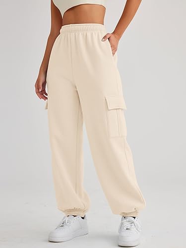 AUTOMET Womens Cargo Sweatpants Fleece High Waisted Joggers Pants Athletic Lounge Trousers with Pockets 2023 Apricot