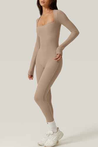 QINSEN Women's 2023 Fashion Square Neck Bodysuit Jumpsuit Long Leggings Playsuit Cococa Cream S