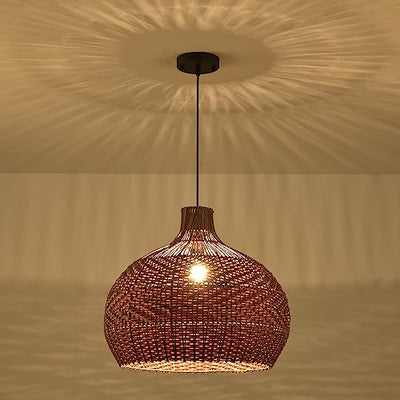 LHJIHFU Rattan Light Fixture Pendant Light, Modern Hand Woven Coffee Rattan Ceiling Hanging Pendant Light for Kitchen Island Dining Room Living Room Farmhouse Home Decor D19.7 x H17.34 inches