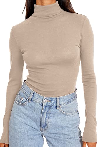 Trendy Queen Fall Fashion 2023 Womens Long Sleeve Outfits High Neck Mock Turtleneck Stretch Tight Lightweight Trendy Basic Layering Slim Fit Soft Thermal Underwear Shirts Beige