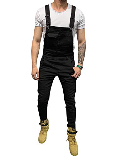 LONGBIDA Men's Denim Bib Overalls Fashion Slim Fit Jumpsuit with Pockets(Black,M)
