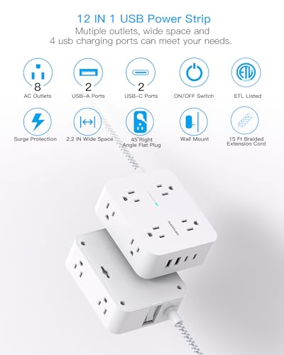 Surge Protector Power Strip 15 Ft Long Cord, Extension Cord 15 Feet with 8 Outlets 4 USB Ports(2 USB C), Flat Plug, Desk Charging Station for Home Office College Dorm Room Essentials