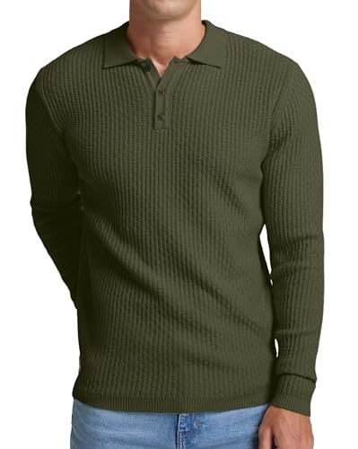 Sailwind Men's Knit Polo Sweater Long Sleeve Polo Shirts Lightweight Fashion Casual Pullover Sweater Army Green