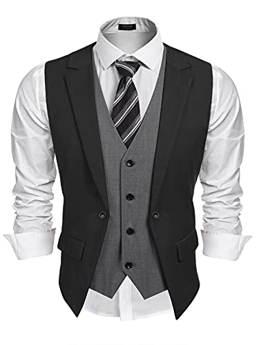 Coofandy Mens Formal Fashion Layered Vest Waistcoat Dress Vest, Black, Medium