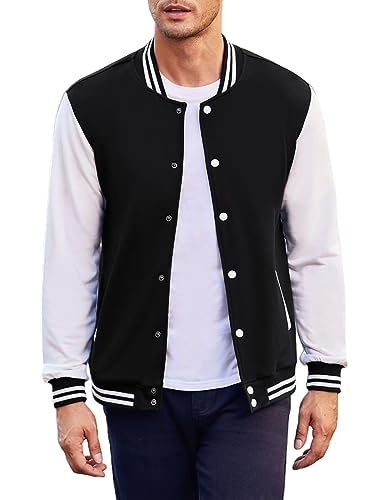 Coofandy Men Fashion Long Sleeve Button Front Cotton Bomber Baseball Jacket,Black,X-Large