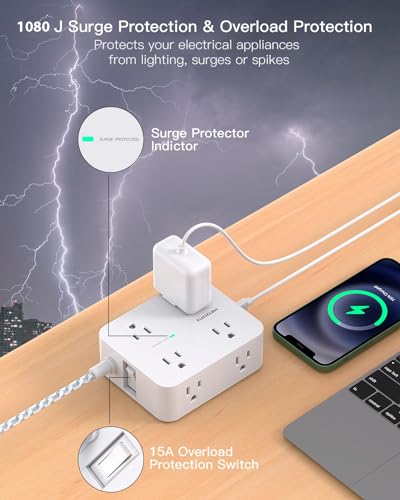Surge Protector Power Strip 15 Ft Long Cord, Extension Cord 15 Feet with 8 Outlets 4 USB Ports(2 USB C), Flat Plug, Desk Charging Station for Home Office College Dorm Room Essentials