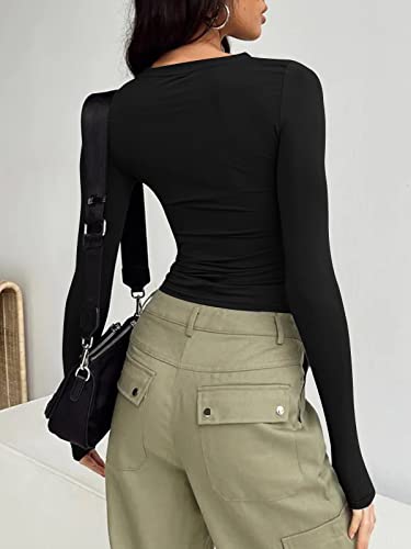 Trendy Queen Long Sleeve Shirts for Women Crop Tops Fall Fashion 2023 Outfits Basic Workout Sexy Sweaters Going Out Shirts Cute Slim Fit Y2K Clothing Winter Clothes Black