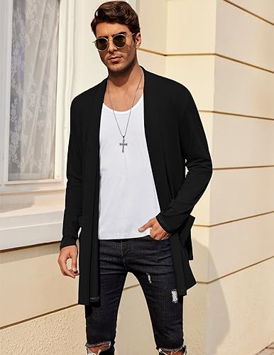 COOFANDY Mens Ruffle Shawl Collar Open Front Lightweight Long Length Drape Cape Overcoat Sweater with Pockets, Black, Medium