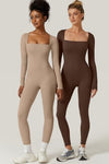 QINSEN Women's 2023 Fashion Square Neck Bodysuit Jumpsuit Long Leggings Playsuit Cococa Cream S