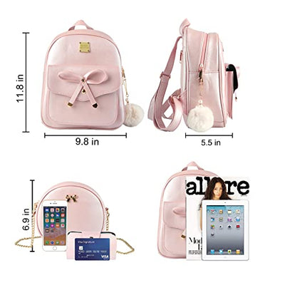 ZGWJ Mini Leather Backpack Purse Bowknot Small Backpack Cute Casual Travel Daypacks for Women(3-Pieces) (Pink)