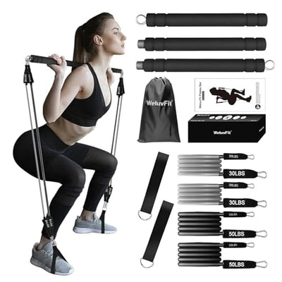 WeluvFit Pilates Bar Kit with Resistance Bands, Exercise Fitness Equipment for Women & Men, Home Gym Workouts Stainless Steel Stick Squat Yoga Pilates Flexbands Kit for Full Body Shaping