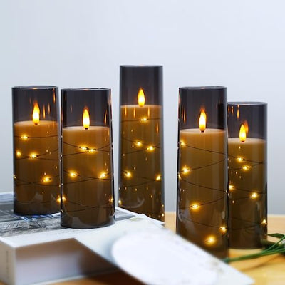 kakoya Flameless LED Candles with Timer 5 Pc Flickering Flameless Candles for Romantic Ambiance and Home Decoration Durable Acrylic Shell,with Embedded Star String，Battery Operated Candles（Grey）