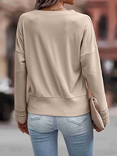 Trendy Queen Womens Fall Shirts 2023 Blouses for Women Dressy Casual V Neck Lace Crochet Long Sleeve Ribbed Knit Teacher Outfits Boho Fashion Tunic Tops A-Khaki