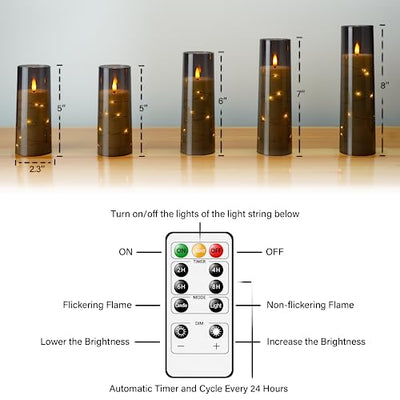 kakoya Flameless LED Candles with Timer 5 Pc Flickering Flameless Candles for Romantic Ambiance and Home Decoration Durable Acrylic Shell,with Embedded Star String，Battery Operated Candles（Grey）