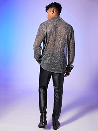 WDIRARA Men's Sheer Mesh See Through Glitter Button Front Long Sleeve Shirt Tops Silver S