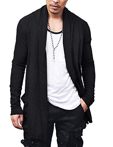 COOFANDY Mens Ruffle Shawl Collar Open Front Lightweight Long Length Drape Cape Overcoat Sweater with Pockets, Black, Medium