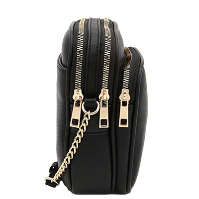 FashionPuzzle Multi Pocket PU Leather Casual Medium Crossbody Bag with Adjustable Strap (Black)