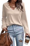 Trendy Queen Womens Fall Shirts 2023 Blouses for Women Dressy Casual V Neck Lace Crochet Long Sleeve Ribbed Knit Teacher Outfits Boho Fashion Tunic Tops A-Khaki