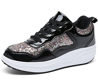 kkdom Women's Walking Shoes Glitter Comfort Lightweight Wedge Platform Athletic Tennis Sneakers Black US Size 11