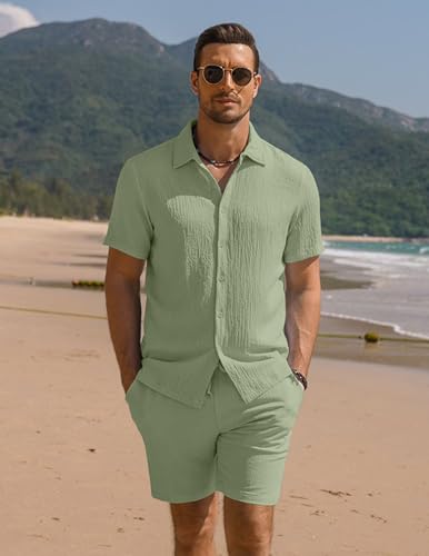 COOFANDY Men's Linen Shirt And Shorts Set Summer Beach 2 Piece Outfits Fashion Resort Wear Wrinkle-Free Loungewear Sets