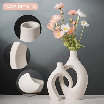 Levvohd XL Beige Ceramic Vase Set of 2 for Modern Home Decor, Eclectic Entryway Modern Boho Hollow Flower Vases for Living Room Bookshelf Dining Coffee Table Centerpiece (W 6.8" X H 11")