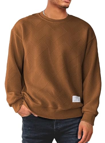 Dokotoo Men Men's Long Sleeve Sweatshirt Casual Crewneck Geometric Texture Soild Color Pullover Sweatshirts Dark Brown Large