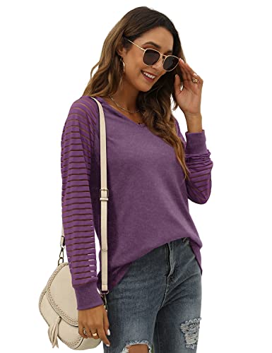 WEESO Casual Blouses for Women Fashion 2023 Dressy Sheer Striped Long Sleeve Tops XXL,Ash Purple