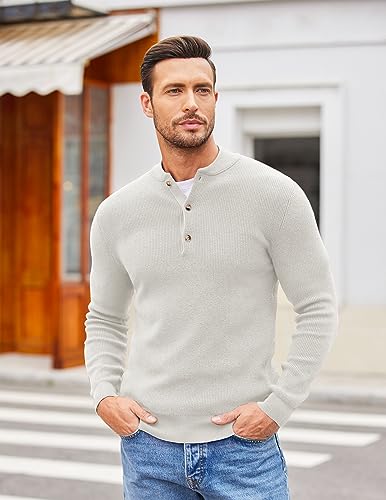 COOFANDY Men Quarter Button Dress Sweater Henley Fashion Knitted Pullover Sweater White