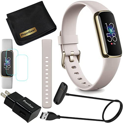 Fitbit Luxe Wellness & Fitness Tracker (Lunar White) with Heart Rate Monitor, Sleep Tracker, Bundle with 2 Watch Bands, 3.3foot Charge Cable, Wall Adapter, Screen Shield & PremGear for Fitbit
