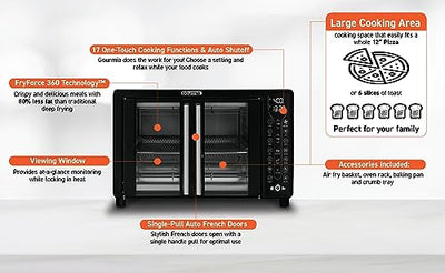 Gourmia Toaster Oven Air Fryer Combo 17 cooking presets 1700W french door digital air fryer oven 24L capacity accessories, convection rack, baking pan tray recipe book GTF7460,Large,Black