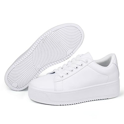 JABASIC Women Fashion Sneakers Low-top Lace-Up Stylish Walking Shoes Comfort Platform Sneakers (8,White)