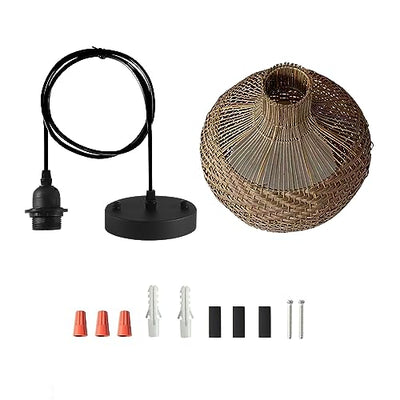 LHJIHFU Rattan Light Fixture Pendant Light, Modern Hand Woven Coffee Rattan Ceiling Hanging Pendant Light for Kitchen Island Dining Room Living Room Farmhouse Home Decor D19.7 x H17.34 inches