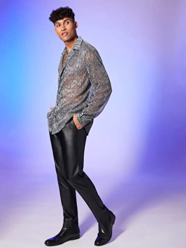 WDIRARA Men's Sheer Mesh See Through Glitter Button Front Long Sleeve Shirt Tops Silver S