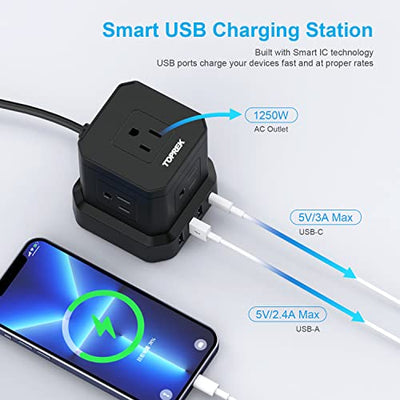 Power Strip with USB-C (3.0A), TOPREK Surge Protector, 10 FT Extension Cord 5 AC & 4 USB, Portable Travel Flat Plug for Office, Dorm, Hotel, Compact Desk Charging Station