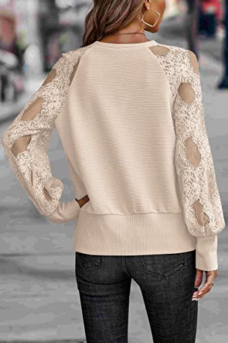 Trendy Queen Womens Long Sleeve Shirts V Neck Fall Fashion 2023 Blouses Dressy Puff Lace Casual Bobo Crochet Hollow Out Loose Outfits Work Tunic Tops Khaki